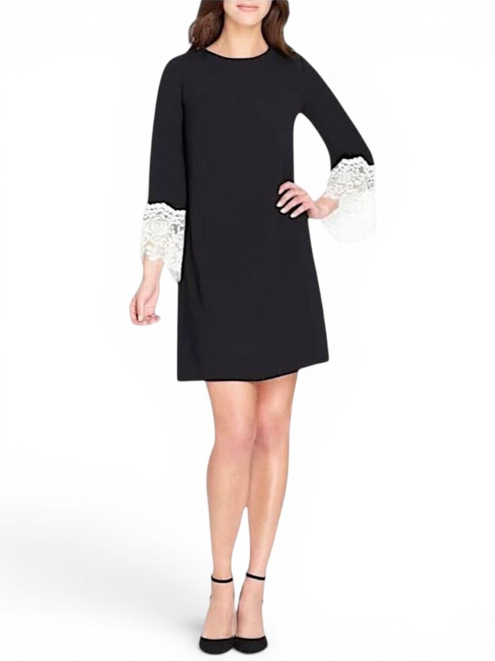 Tahari Black Crepe with Ivory Lace Cuff Sleeve Shift Mini Dress NWT New 2P